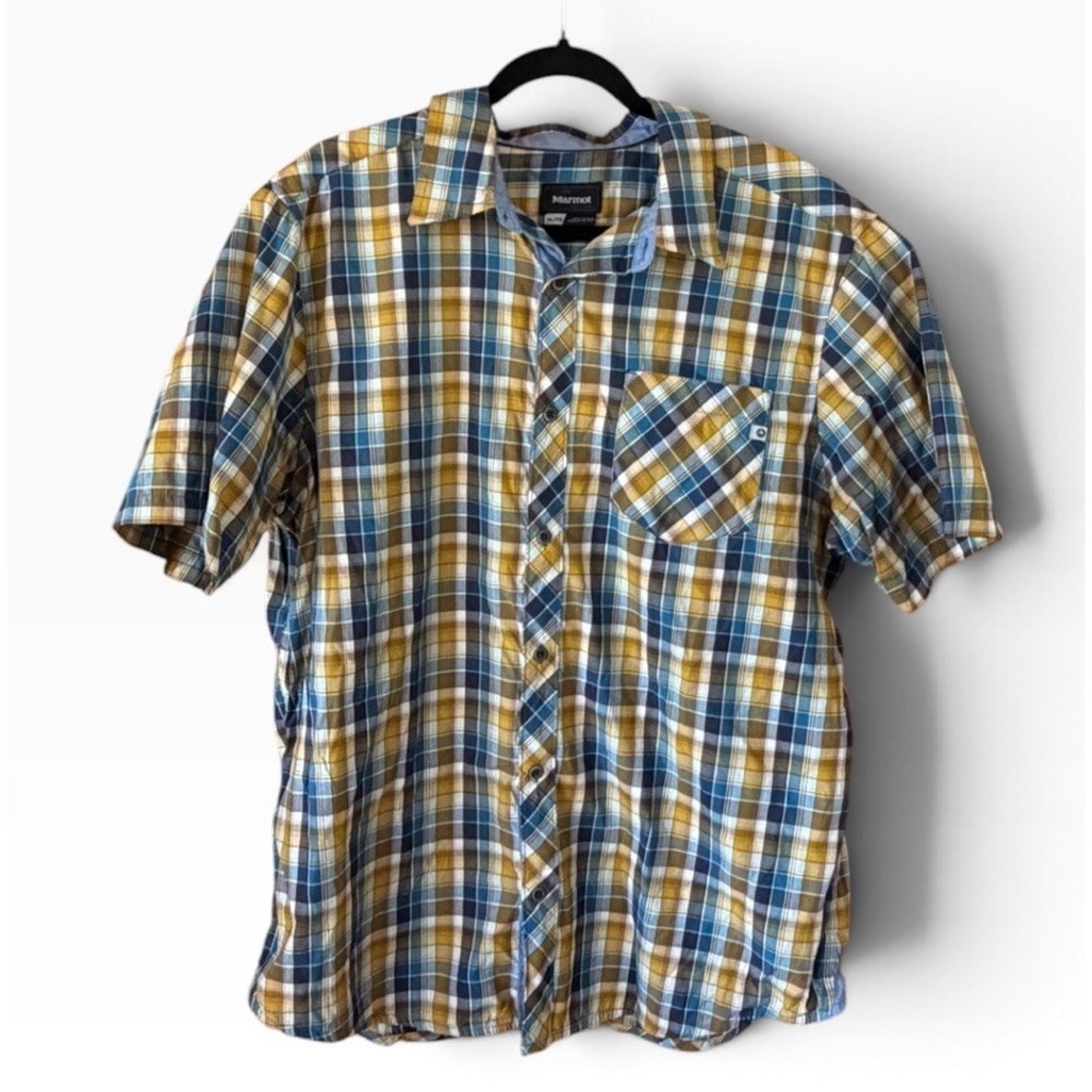 Marmot Blue Yellow Plaid Short Sleeve Outdoor Hiking Shirt Mens XL